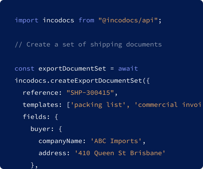 Code snippet for creating a Commercial Invoice and Packing List using the IncoDocs API