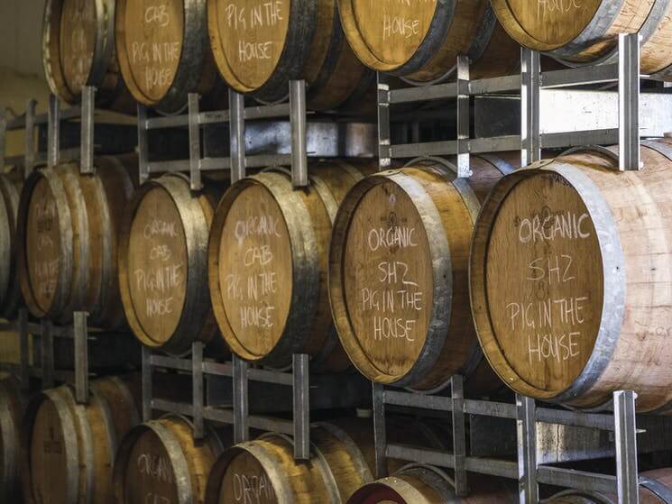 Barrels of wine in storage at Windowrie Wines