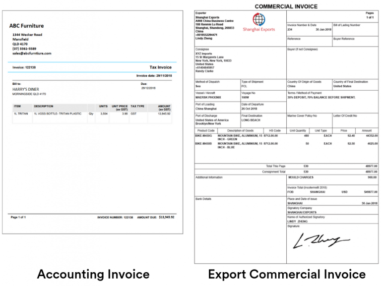 Accounting invoices vs export / commercial invoices