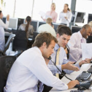 Office of export company using software to create documents.