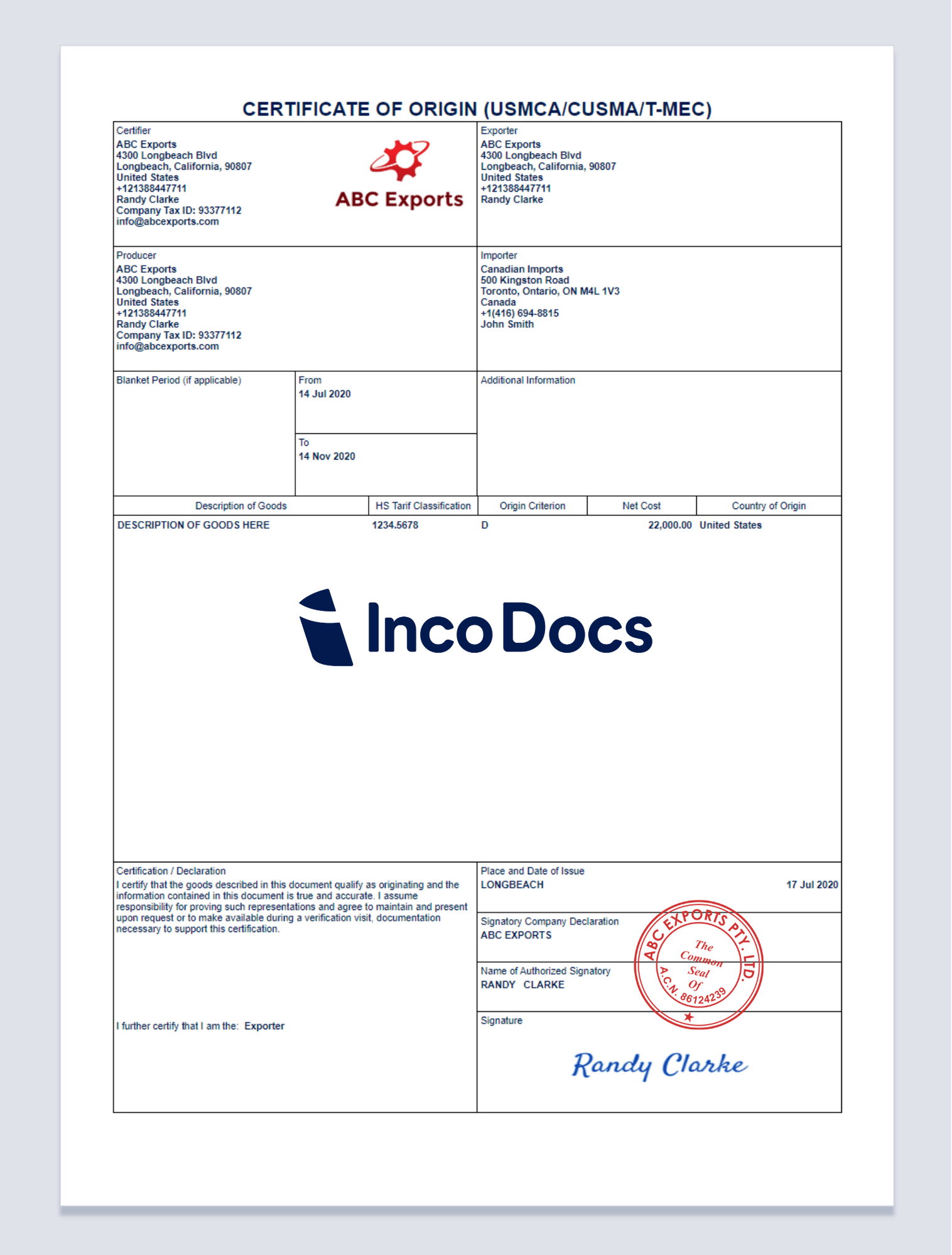 USMCA CUSMA TMEC Certificate Of Origin Form 