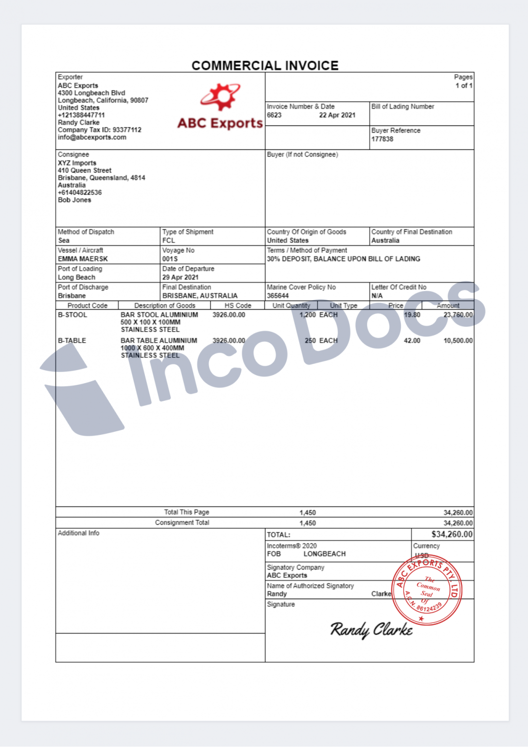 template of commercial invoice