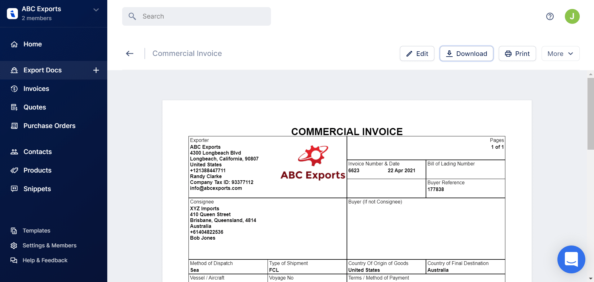 international commercial invoice template