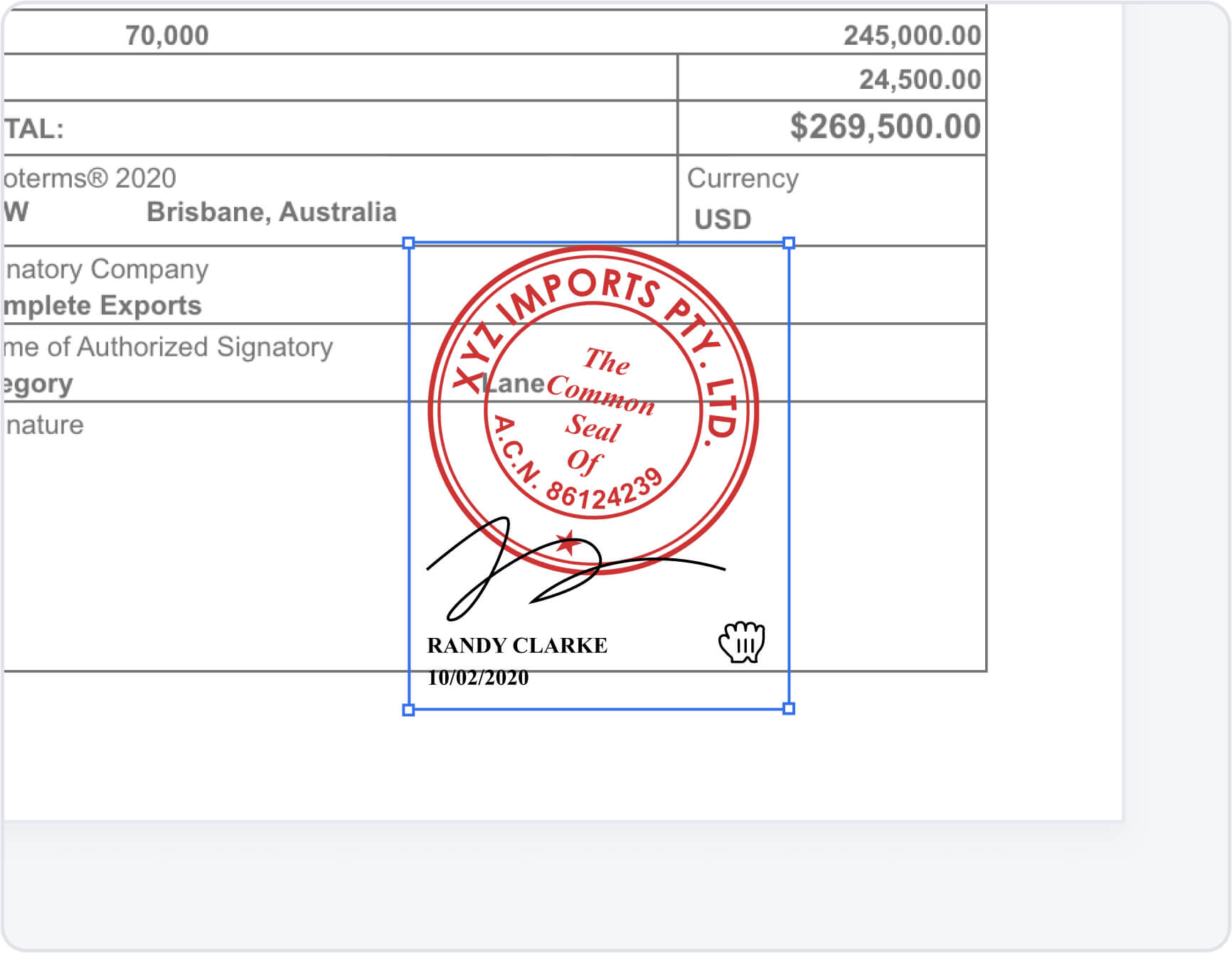 Invoice with stamp and Signature. Received at Customs: Export. China Airlines document stamp.