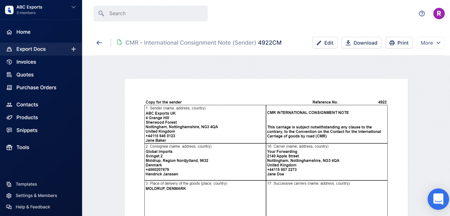 Create and Download a CMR Consignment Note for International Road