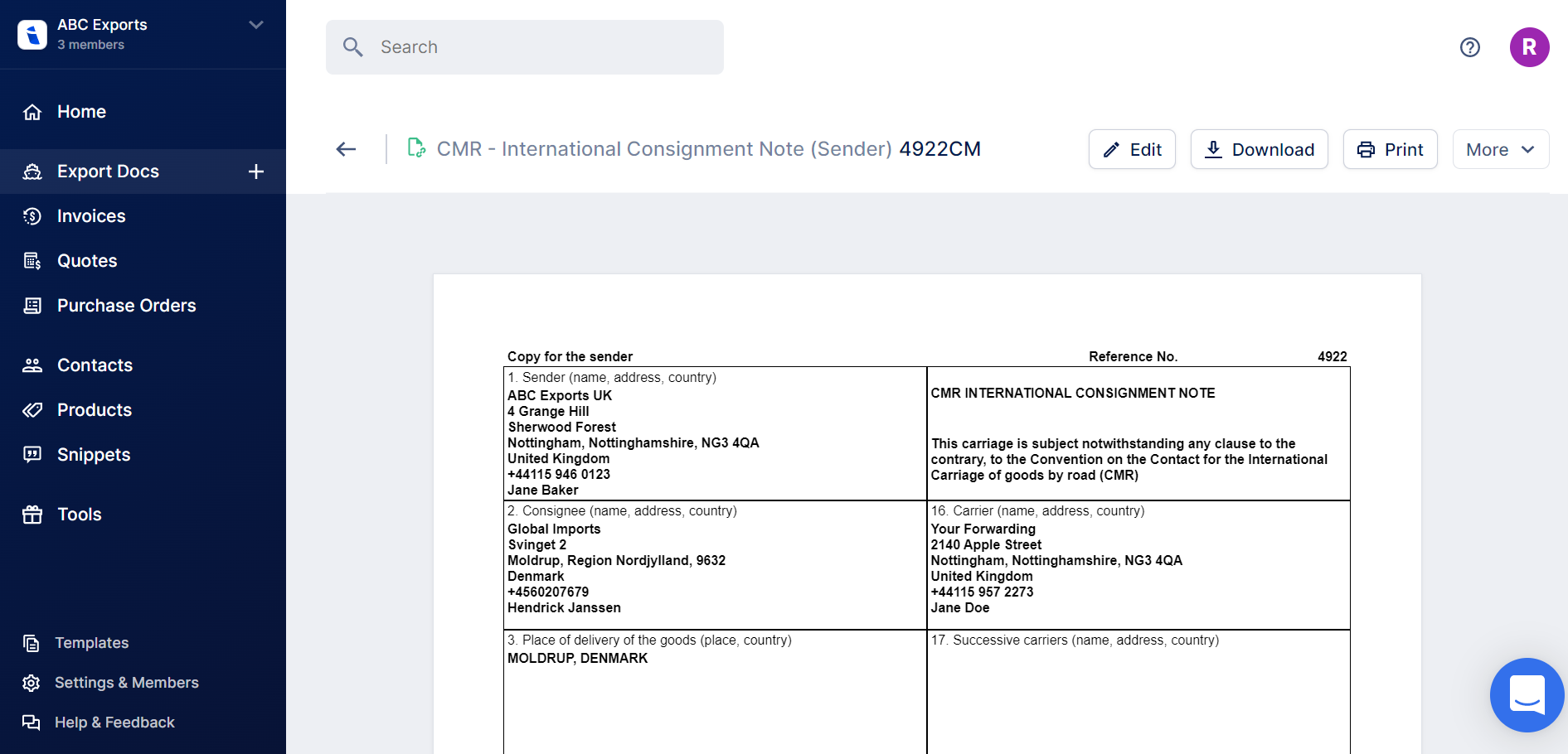 Create and Download a CMR Consignment Note for International Road