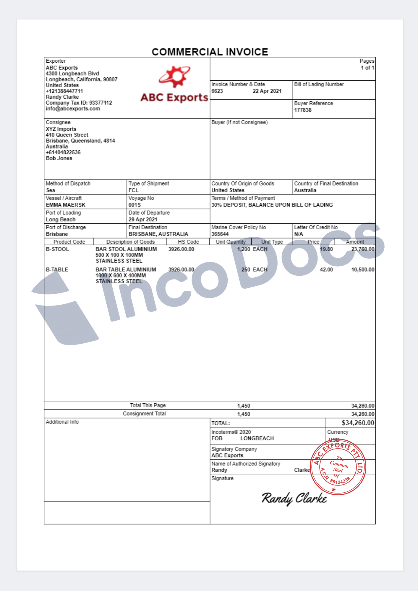 Commercial Invoice For Export