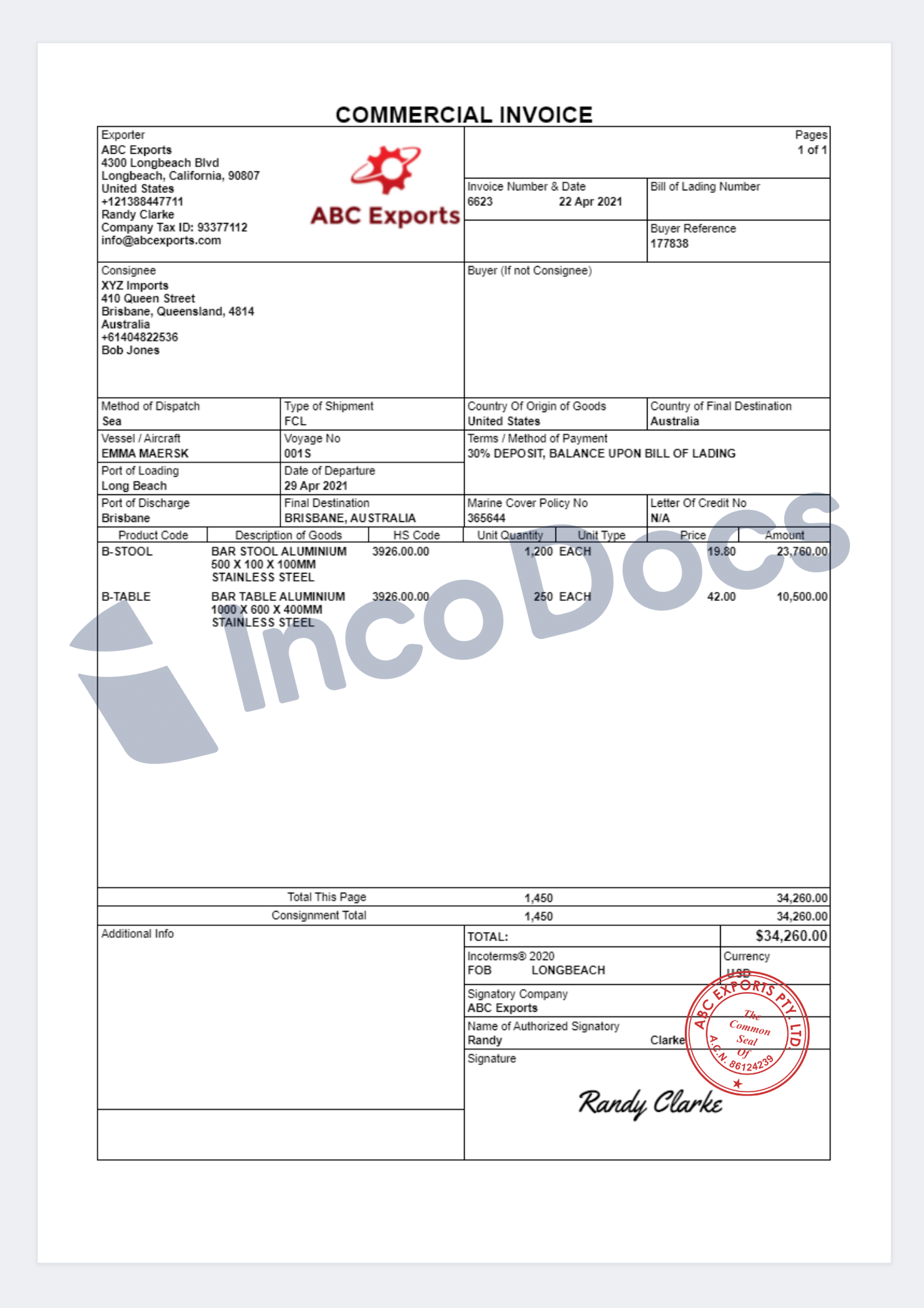 export commercial invoice template