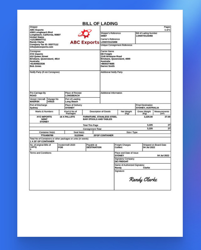 Bill of Lading Document template