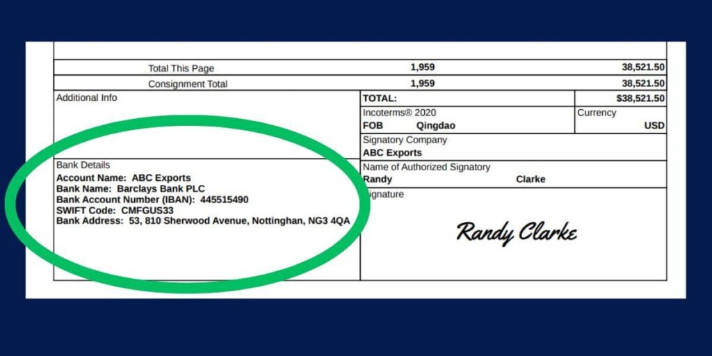 Proforma invoice Bank Details