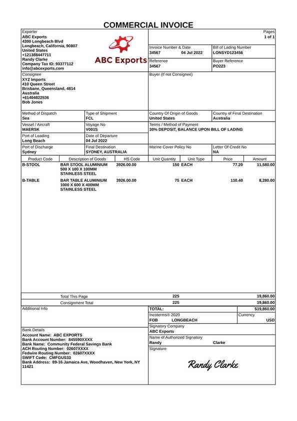 commercial invoice template for us customs